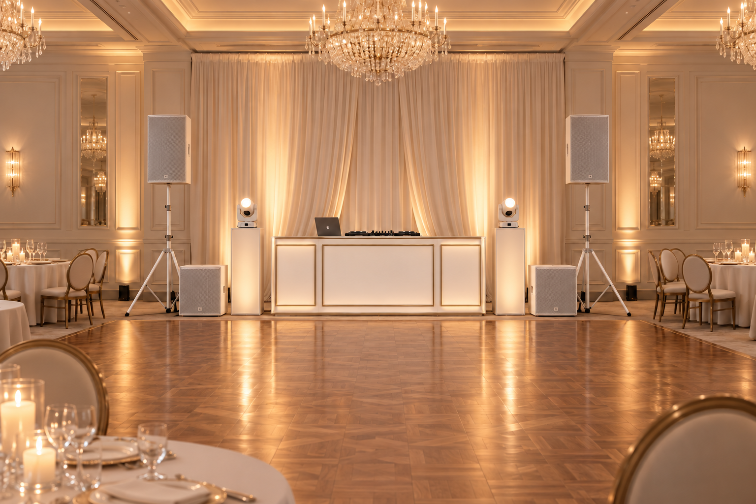 Illustrative white wedding DJ booth, speakers, and elevated moving-head lights in a banquet hall